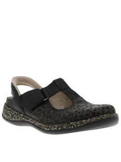 Ballerines emboitant en cuir noires à talon plat avec une bande auto-agrippante