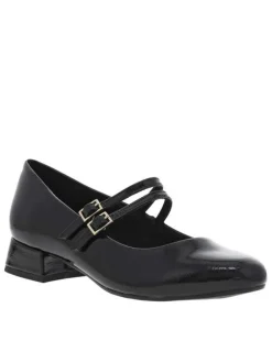 Ballerines noires vernies à talon décroché bas avec 2 boucles à ardillon