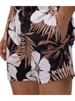 Bas de maillot de bain noir avec imprimé feuille tropical all-over coupe droite