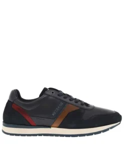Baskest basses en empiècements de cuir lisse et nubuuck marine à lacets enduis