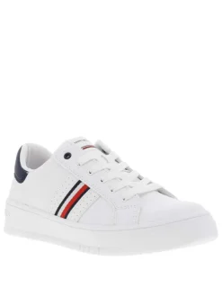 Baskets basses en cuir blanc à semelle tennis surélevée,à lacets et zip latéral