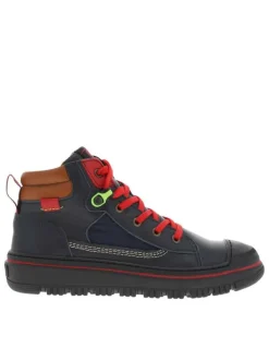 Baskets montantes en cuir marine avec zip et lacets plats rouges Made in France