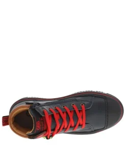 Baskets montantes en cuir marine avec zip et lacets plats rouges Made in France