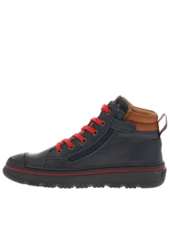 Baskets montantes en cuir marine avec zip et lacets plats rouges Made in France