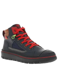 Baskets montantes en cuir marine avec zip et lacets plats rouges Made in France