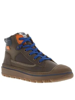 Baskets montantes en cuir avec lacets plats bleu et un zip Made in France