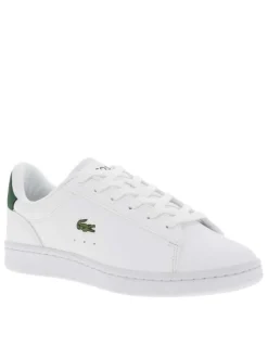Baskets tennis blanches à talon plat avec logo vert brodé et lacets plats