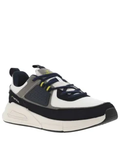 Baskets basses bleu marine, grises, blances et jaunes avec lacets