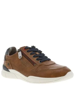 Baskets basses cognac avec des lacets plats marine et un zip latéral