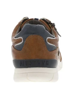 Baskets basses cognac avec des lacets plats marine et un zip latéral