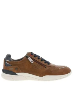 Baskets basses cognac avec des lacets plats marine et un zip latéral