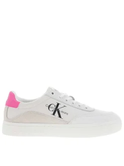 Baskets basses divers cuir blanc et écrus, semelle vulcanisée à lacets et contrefort rose fluo