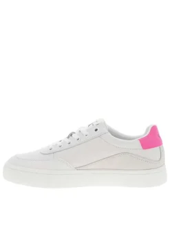 Baskets basses divers cuir blanc et écrus, semelle vulcanisée à lacets et contrefort rose fluo