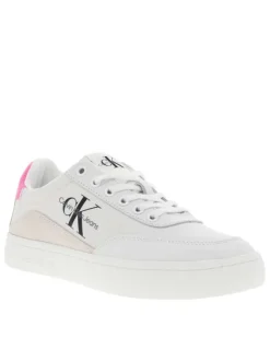 Baskets basses divers cuir blanc et écrus, semelle vulcanisée à lacets et contrefort rose fluo