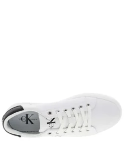 Baskets basses en cuir blanc avec surpiqures blanches tige noire et logo sur côté extérieur