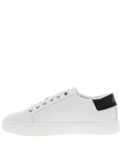 Baskets basses en cuir blanc avec surpiqures blanches tige noire et logo sur côté extérieur