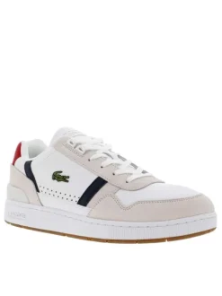 Baskets basses en cuir blanc et beige avec empiècements en cuir rouge et noir et fermeture à lacets blancs