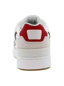 Baskets basses en cuir blanc et beige avec empiècements en cuir rouge et noir et fermeture à lacets blancs