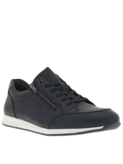 Baskets basses en cuir bleu marine avec des lacets plats et un zip latéral