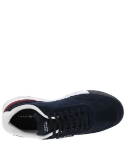 Baskets basses en cuir bleu marine avec logos de la marque et lacets plats