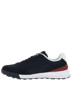 Baskets basses en cuir bleu marine avec logos de la marque et lacets plats