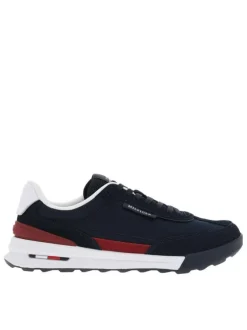 Baskets basses en cuir bleu marine avec logos de la marque et lacets plats