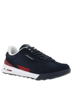 Baskets basses en cuir bleu marine avec logos de la marque et lacets plats