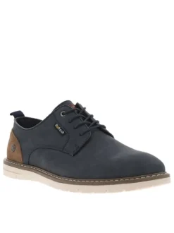 Baskets basses en cuir bleu marine et marron avec des lacets ronds