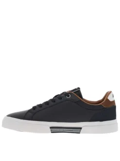 Baskets basses en cuir bleu marine à semelle vulcanisée et à lacets ton sur ton