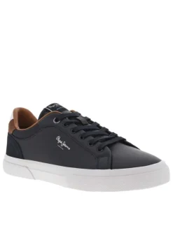 Baskets basses en cuir bleu marine à semelle vulcanisée et à lacets ton sur ton