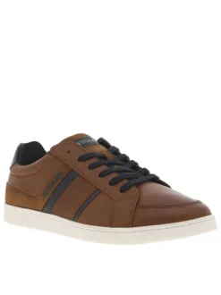 Baskets basses en cuir cognac avec des lacets plats bleu marine