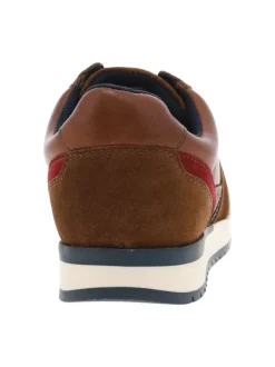 Baskets basses en cuir cognac avec lacets plats marine et empiècements effet peau de reptile de chaque côté