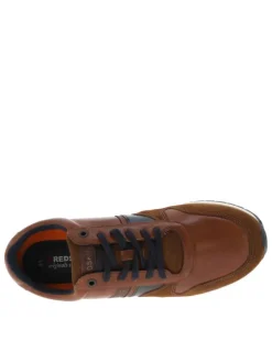 Baskets basses en cuir cognac avec lacets plats marine et empiècements effet peau de reptile de chaque côté