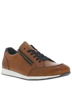 Baskets basses en cuir cognac avec lacets plats marine et zip côté extérieur