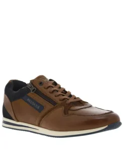 Baskets basses en cuir cognac et marine avec lacets plats et zip latéral