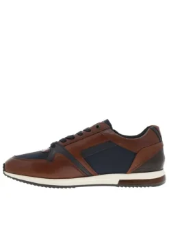 Baskets basses en cuir cognac et marine avec lacets plats et zip latéral