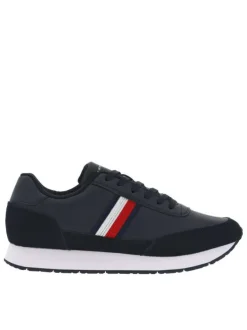 Baskets basses en cuir grainé bleu marine à semelle running et à lacets plats