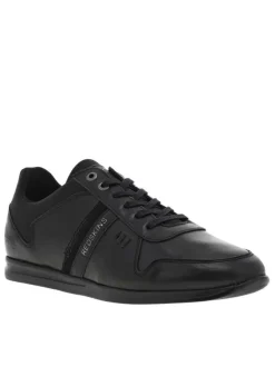 Baskets basses en cuir noir à semelle sneakers à talon plat et à lacets enduis