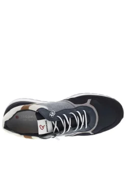 Baskets basses en cuir nubuck et Mesh bleu marine et jean à lacets élastiqués