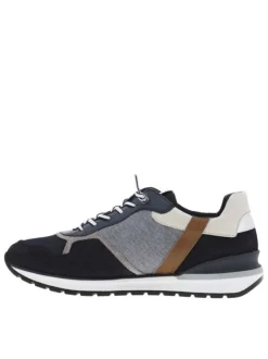 Baskets basses en cuir nubuck et Mesh bleu marine et jean à lacets élastiqués