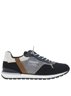 Baskets basses en cuir nubuck et Mesh bleu marine et jean à lacets élastiqués