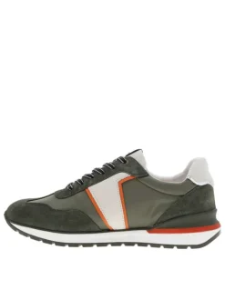 Baskets basses en cuir nubuck et Mesh kaki à semelle running et à lacets plats
