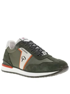 Baskets basses en cuir nubuck et Mesh kaki à semelle running et à lacets plats