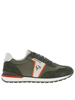 Baskets basses en cuir nubuck et Mesh kaki à semelle running et à lacets plats