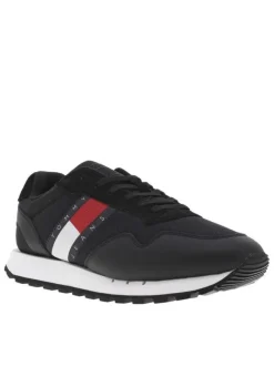 Baskets basses en Mesh et cuir noir à semelle running blanche et à lacets plats