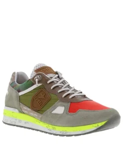 Baskets basses homme en cuir vert et taupe avec le logo iconique sur le côté