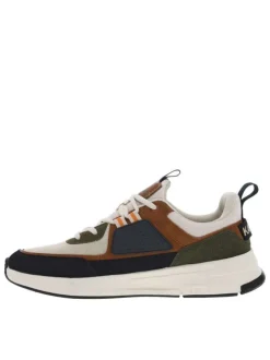 Baskets basses kaki semelle running avec patchwork et des lacets