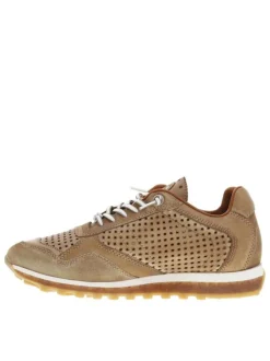 Baskets basses luxe en cuir perforé beige à semelle running et lacets élastiqués