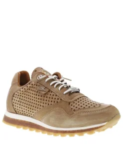 Baskets basses luxe en cuir perforé beige à semelle running et lacets élastiqués