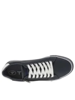 Baskets basses marine avec lacets plats blancs et un zip sur le côté extérieur